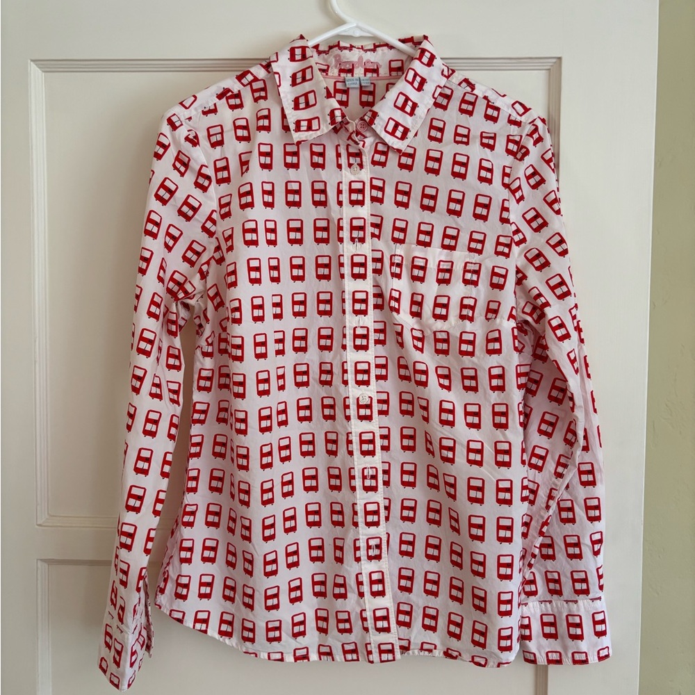 Boden 100% Cotton Red Double Decker Bus Print Button Up Long Sleeve Shirt